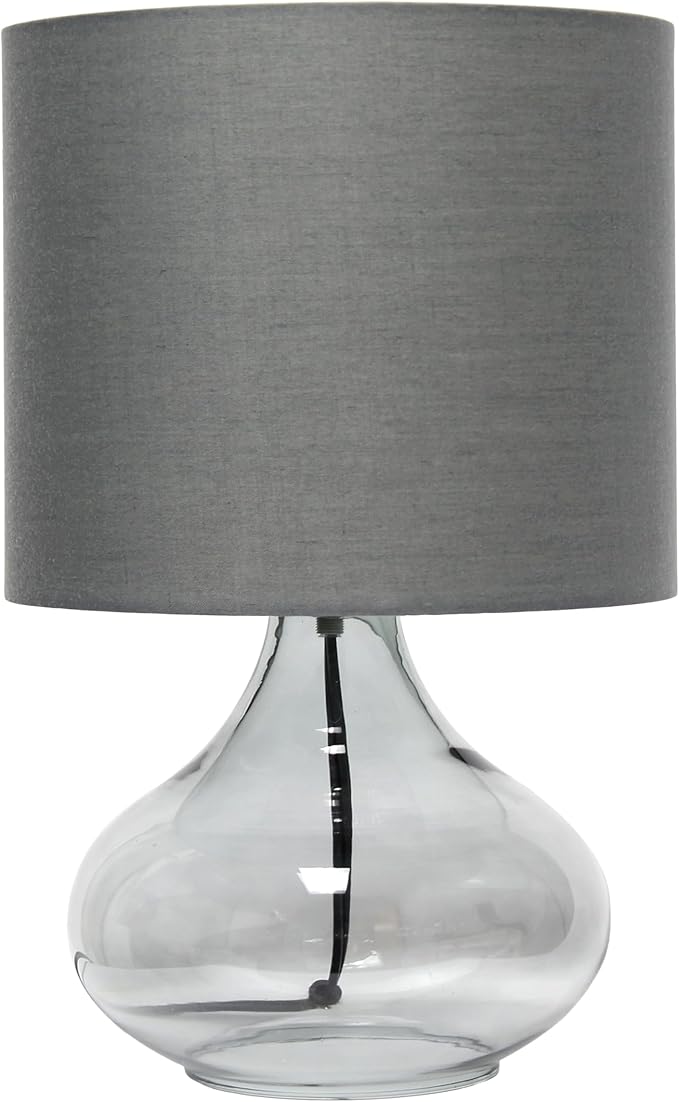 Simple Designs LT2063-SMG Small Glass Raindrop Bedside Table Lamp with Gray Fabric Shade, Smoke