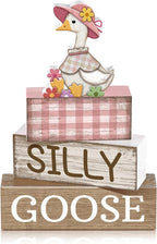 Yuntau 4 Pcs One Silly Goose Birthday Party Decoration Wood Silly Goose Table Sign Pink Baby Shower Tiered Tray Decor Tabletop Centerpieces for First Birthday Baby Shower Home Shelf Office