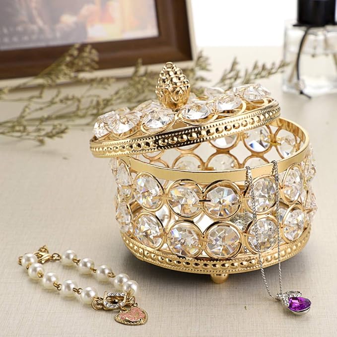 Hipiwe Crystal Mirrored Jewelry Box Jewelry Trinket Organizer Box Home Decor Ring Earrings Necklace Storage Holder Keepsake Box