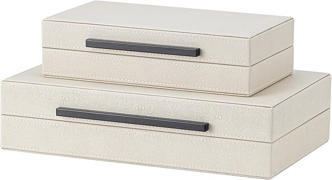 Set of 2 Beige Shagreen Decorative Storage Boxes with Black Metal Handles – Faux Leather Jewelry & Memory Boxes, Nesting Photo Organizers for Home Decor