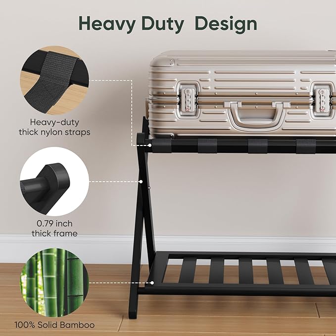 2 Packs Fully Assembled Black Bamboo Luggage Racks with Shoe Shelf, 5 Straps Folding Suitcase Stand, Heavy Duty Luggage Holders for Guest Room, Bedroom, Hotel