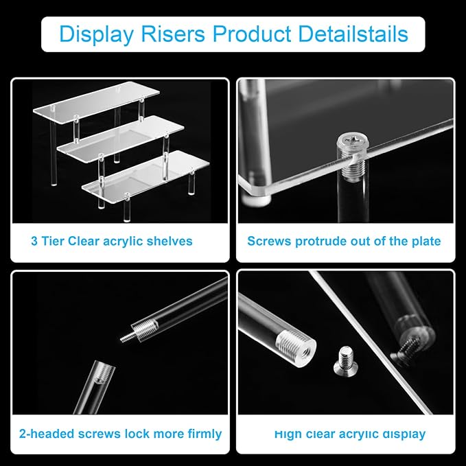 HENABLE 2PCS Acrylic Display Risers, 3 Tier Clear Cupcake Stand Risers, Organizer for Perfume, Funko POP, Food, Tabletop Use