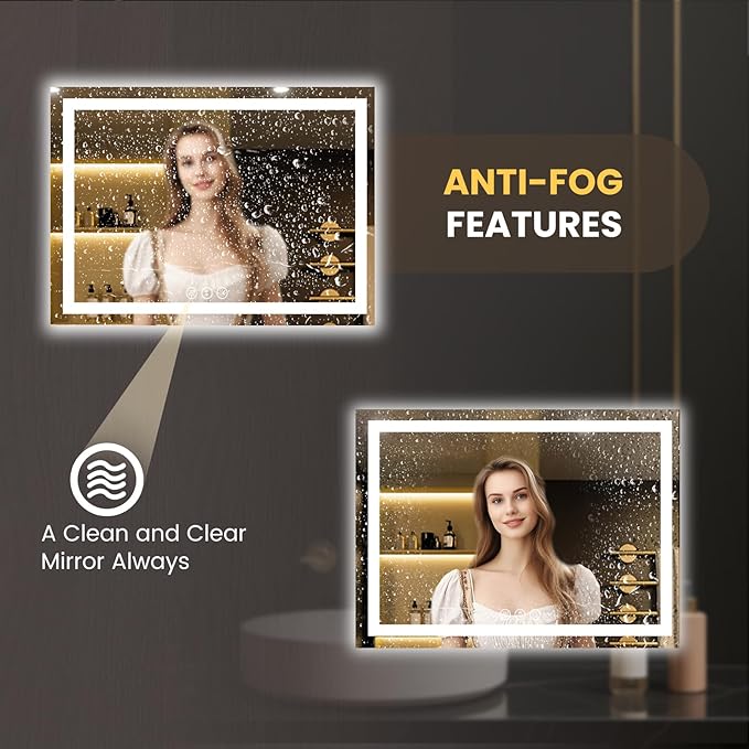 LOAAO 52"x36" LED Bathroom Mirror with Lights, Anti-Fog, Dimmable, Backlit + Front Lit, Lighted Bathroom Vanity Mirror for Wall, Memory Function