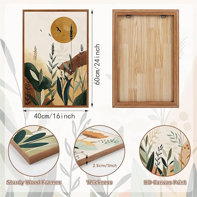 KAIRNE Neutral Floral Wall Art Set of 3,Framed Abstract Prints,Vintage Colorful Flower Canvas,Boho Botanical Artwork,Minimalist Farmhouse Decor for Living Room Bedroom Kitchen Office,16X24 inch