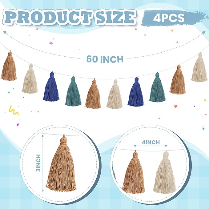 WILLBOND 4 Pieces Valentine's Day Tassel Garland for Classroom Wall Decor Boho Pastel Garland Cotton Tassel Banners for Party School(3.1 Inch,Brown, Beige, Dark Green, Gray-Blue)