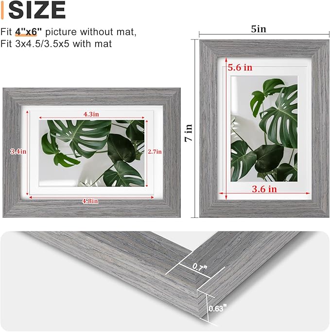 Egofine 4x6 Picture Frames Set of 4, Made of Solid Wood Covered by Plexiglass 3x4.5 and 3.5x5 with Mat or 4x6 without Mat, for Table Top Display and Wall Mounting Photo Frame, Light Grey