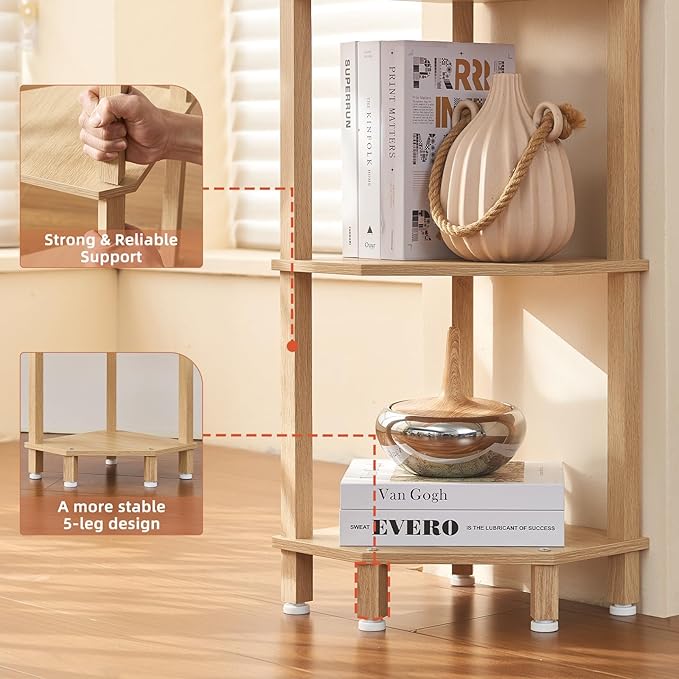 YUFAM 5-Tier Corner Shelf with Sturdy 5-Leg Base, Wooden Corner Bookshelf for Small Spaces, Corner Standing Shelf for Living Room, Bedroom, Bathroom, Natural