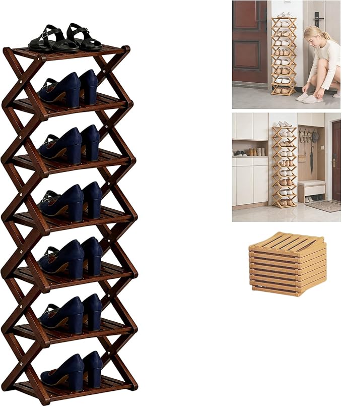 2/3/4/5/6/7/8/9 Tier Bamboo Shoe Rack - Foldable,No Installation Needed,Space-Saving Multi-Tier Storage for Indoor & Balcony Use (Brown,7 Layers)