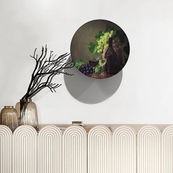 Decorative Plates, 6 Inch, Grapes And Wine On Wooden Table Round Display Plate, Decorative Plates with Stand, Ceramic Craft for Wall Hanging Decorative