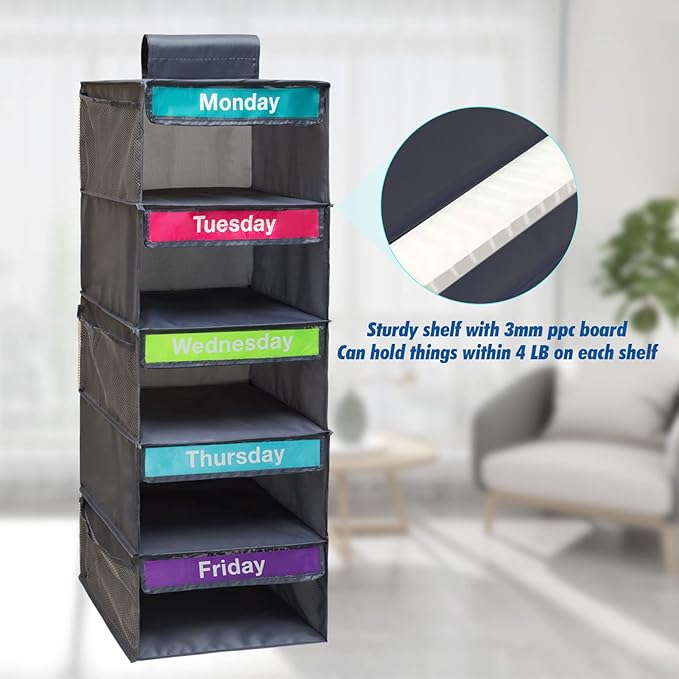 5-Shelf Weekly Clothes Organizer for Kids, Kids Daily Shelf Hanging Closet Organizer with 6 Side Pockets, Days of The Week Hanging Storage Shelves, Grey