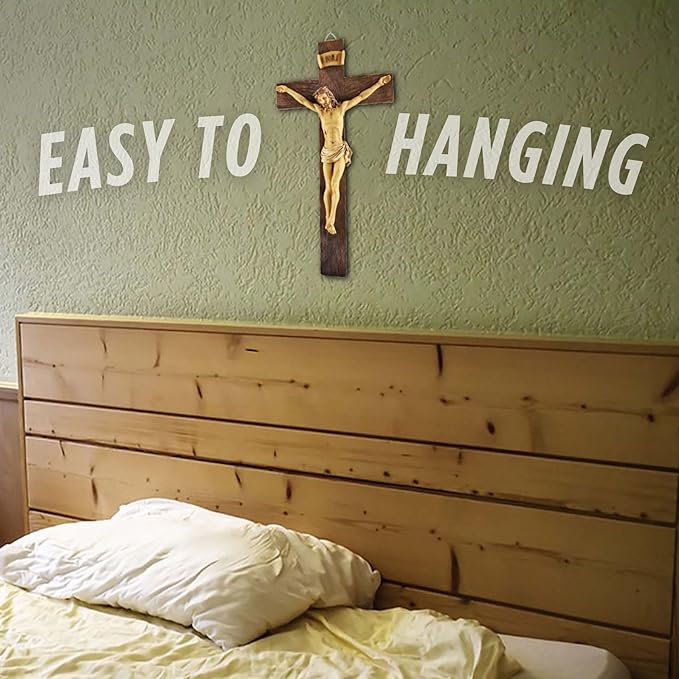 PlentifulHome 9” Resin Crucifix Wall Cross – Catholic Cross for Wall Decor, Jesus Christ Figurine, Inspirational Christian Religious Hanging for Home, Church & Spiritual Gifts