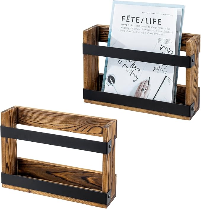 MyGift Set of 2 Rustic Burnt Wood and Matte Black Metal Wall-Mount Magazine Racks – Industrial Style Display Holders for Mail, Books, and Documents