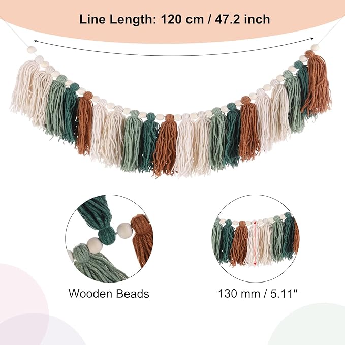 MECCANIXITY Bohemian Yarn Tassel Garland with Wood Beads,3.9Ft Green Brown Cream Beige Forest Wall Hanging Tassels Banner Western Room Decor for Bedroom Office Nursery Party Decorations