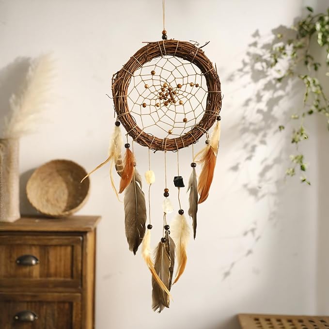 Dream Catcher Native American Boho Dreamcatcher Rattan Wall Decor, Handmade Natural Healing Crystal Stones Feathers Hanging Ornament Indian Decor for Bedroom Living Room
