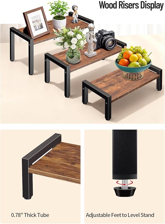 Wood Risers Display Stands & Cupcake Stand, 3 Tier Stepped Display Shelf for Perfume Collectibles, Buffet Risers Tiered Tray Stand & Serving Tray for Food Desserts Vendor Events Party Decor