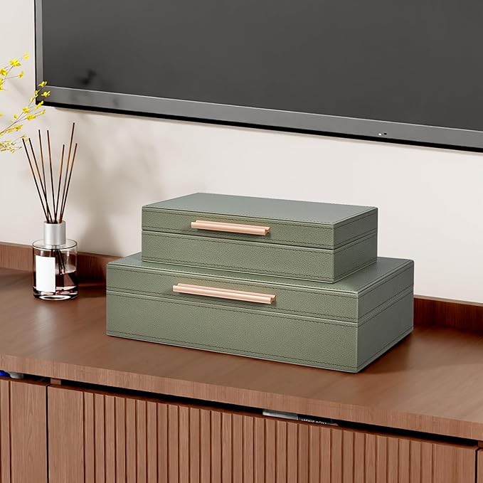 Decorative Box, Decorative Boxes with Lids 2-Set, Memory Box for Keepsakes, Beautiful PU Leather Decorative Storage Boxes in Style, Decor Box with Rose Metal Handle, Store Photos, Documents Green