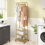 Heavy Duty Clothing Rack with Wheels,Modern Garment Rack with 3 Metal Shelves, 71.8Inches Display Rack for Hanging Clothes, Hanging Rod for Small Space,Gold