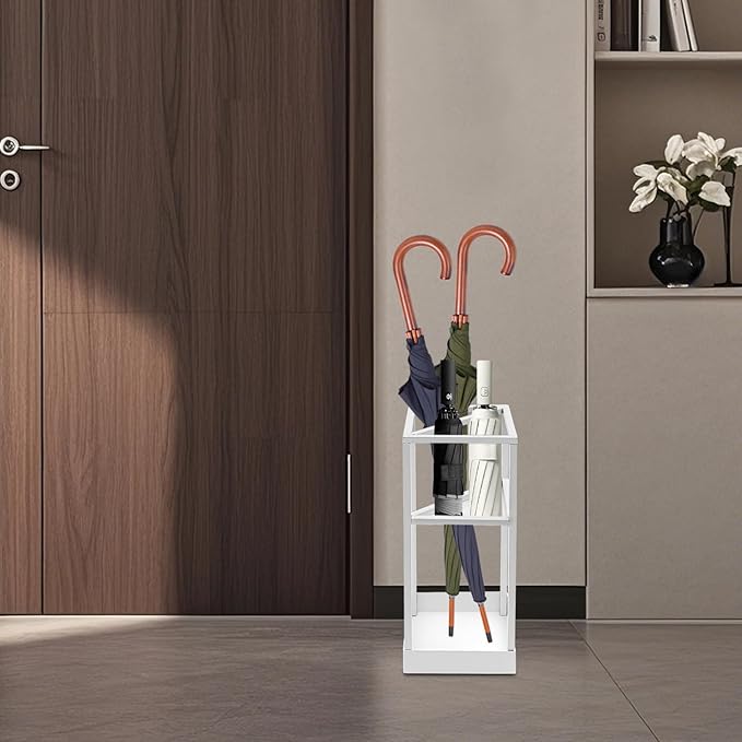 20 Inch Square Umbrella Stand, Metal Umbrella Rack Storage with shelf and Drip Tray, Entrance Umbrella Organizer for Storing Umbrellas, Hiking Poles, Canes (White)