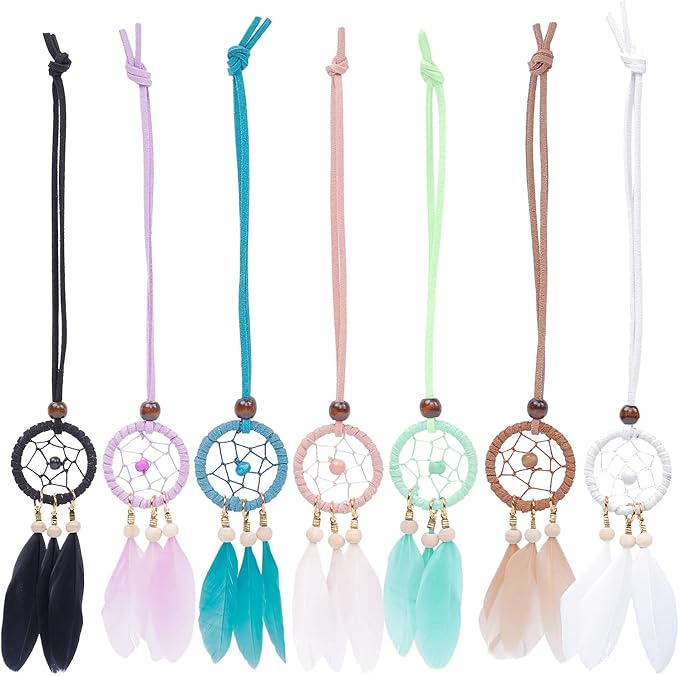 Mini Dream Catcher 7pcs Set - Car Interior Rearview Mirror Dangle Bag Pendant Charm 1.2" Diameter and 9" Long