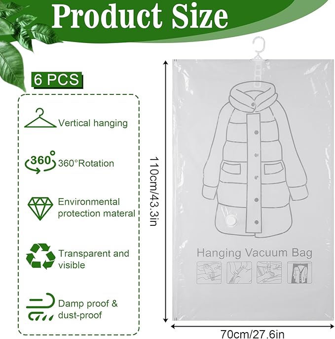 6 Pack Hanging Vacuum Storage Bag, 43.3 x 27.6 inch Hanging Vacuum Sealer Storage Space Saver Bags, Reusable Space Saver Bags, for Suits, Dress, Jackets, Clear