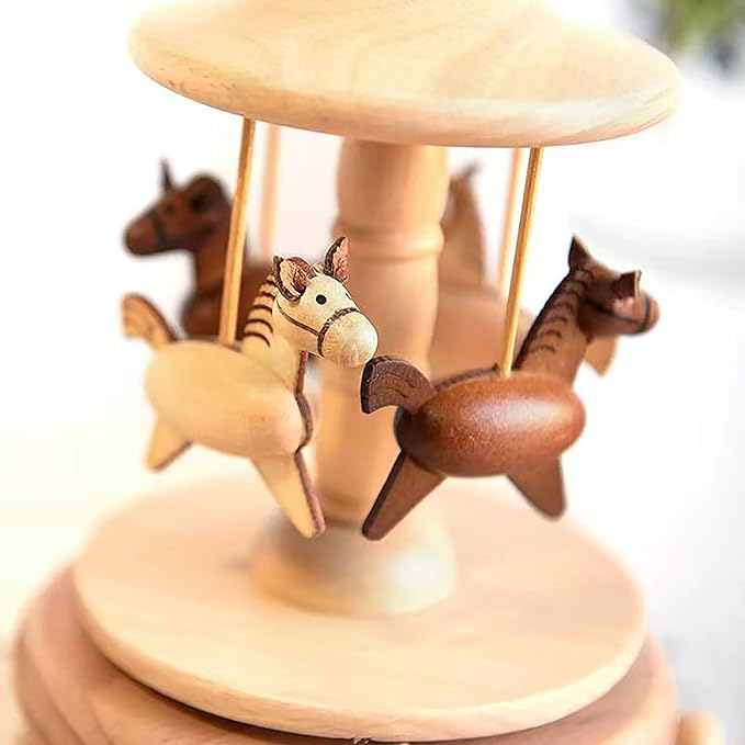 Natural Solid Wood Handcrafted Beech Wooden, Musical FigureTotoro/Carousel/Fairy/Ballerina Figurine,Rotating Hand Crank Mechanism Music Box,Musical Decorations (Merry-go-Round)