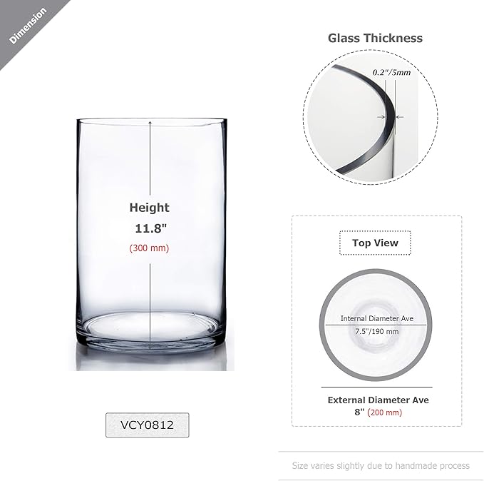 WGV Cylinder Vase, Width 8", Height 12", Clear Wide Large Diameter Flower Glassware, Floral Container, Planter Terrarium for Wedding Party Event, Home Accent Decor, 1 Piece