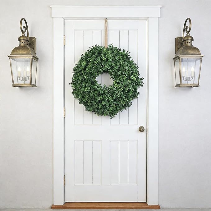 24 Inch Artificial Boxwood Wreath for Front Door – Lush Green Leaf Wreath for All Seasons, Faux Boxwood Door Decor for Farmhouse, Porch, Wall, and Indoor Outdoor Home Decoration (1, 24 Inch)