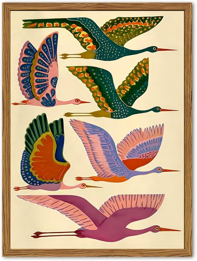 Framed Colorful Bird Wall Art, Vintage Flying Heron Pictures Wall Decor, Mid Century Modern Animal Paintings Canvas Prints Abstract Home Decor Aesthetic Artwork for Living Room Bedroom 16x24 inch