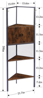 VECELO 4 Tier Corner Cabinet, 59" Tall Standing Organizer with 4 Dual-Hooks, Storage Rack, Narrow Bookshelf Display Shelves Rack for Wall Corner, Living Room, Kitchen, Bedroom, Office, Retro Brown