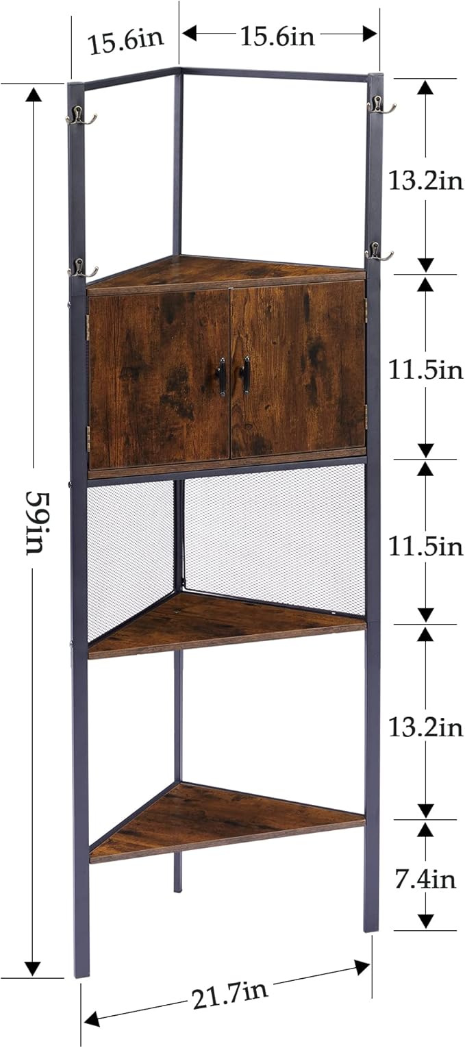 VECELO 4 Tier Corner Cabinet, 59" Tall Standing Organizer with 4 Dual-Hooks, Storage Rack, Narrow Bookshelf Display Shelves Rack for Wall Corner, Living Room, Kitchen, Bedroom, Office, Retro Brown