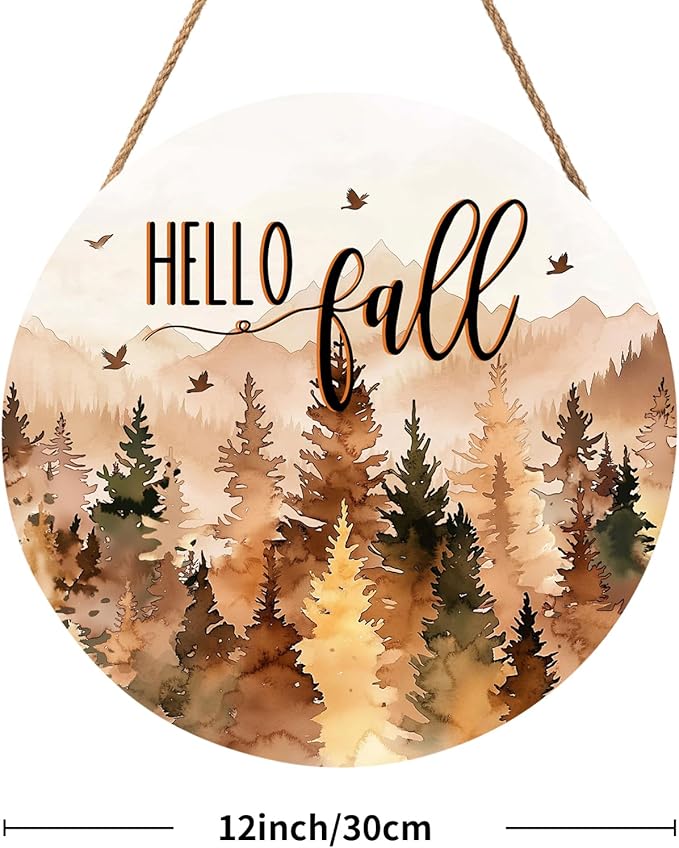 Hello Fall Wreath for Front Door Outside Autumn Thanksgiving Welcome Sign Fall Forest Trees Wood Door Hanger 12x12 Inch Rustic Farmhouse Indoor Outdoor Decor for Home Porch Wall Hanging Plaque