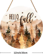 Hello Fall Wreath for Front Door Outside Autumn Thanksgiving Welcome Sign Fall Forest Trees Wood Door Hanger 12x12 Inch Rustic Farmhouse Indoor Outdoor Decor for Home Porch Wall Hanging Plaque