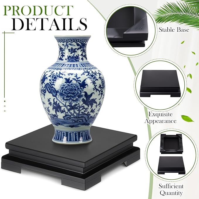 Chunful 2 Pcs Square Wooden Display Stand Wood Vase Display Base Black Pedestal Stand Square Vase Riser for Vases Teapot Trophy Collectibles Aquarium Lamp Home Decoration(7.9 x 7.9 x 2 Inch)