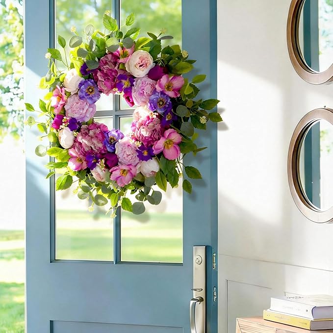 Spring Wreaths for Front Door Outside- 24 Inch Summer Wreath with Blush Pink Roses & Purple Blooms and Hydrangeas,Luxury Spring Door Wreath for Porch,Home,Wall,Window Decor(Indoor Outdoor Use)