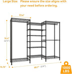 H12 Heavy Duty Clothes Rack with Adjustable 5-Tier Shoe Rack, Freestanding Clothing Racks for Hanging Clothes, Metal Shoe Organizer Large Closet Racks, 15.7" D x 68.7" W x 76.4" H, Black