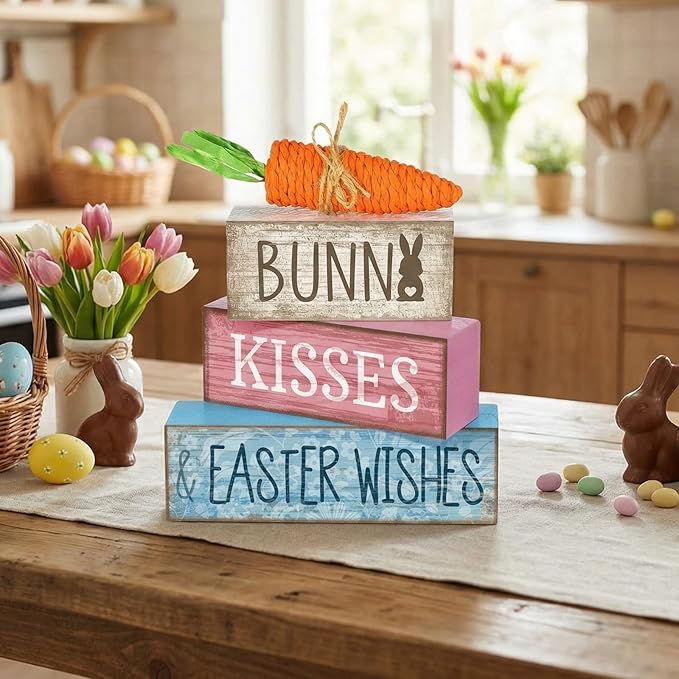 Moucuny 4 Pcs Easter Table Decoration Wooden Block Carrot Decor Easter Tiered Tray Decoration Cute Bunny Centerpiece Rustic Carrot Sign Gift for Holy Week Kitchen, Party, Entryway Fireplace Decor