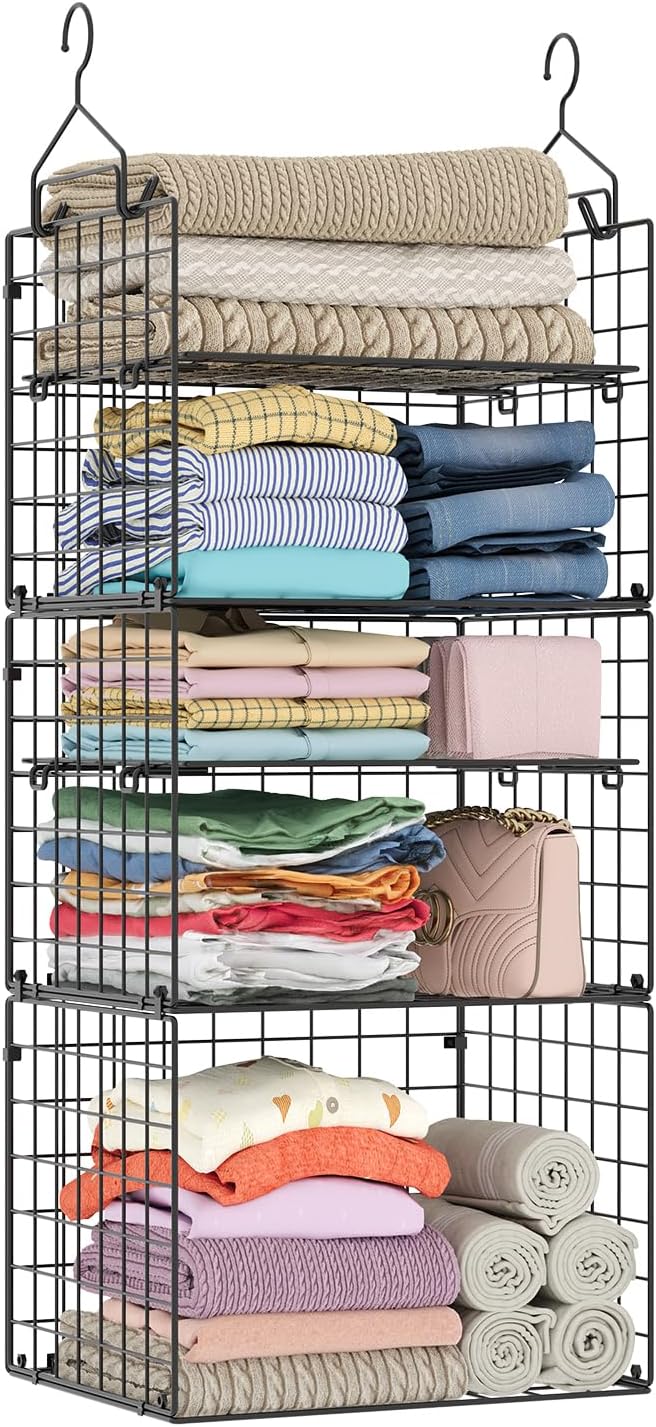 X-cosrack Closet Hanging Organizer Shelves - 5 Tier Wardrobe Organizers and Storage Bin, Hanging Organizer Shelves, Clothes Shelf with Adjustable Dividers for Bedroom Closet Sweater Shoes Handbag