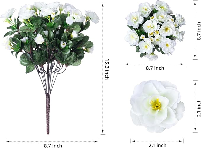 HyeFlora Artificial Fake Flowers Plants for Outdoor Outside Spring Decoration, Faux Silk White Camellia UV Resistant Realistic for Front Door Porch Planter Pot Patio Balcony, 3 Large Bundles