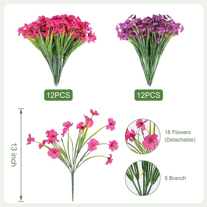 24 Bundles Artificial Flowers for Outdoor Faux Plants for Spring Summer Decoration, UV Resistant Realistic Silk Plastic Fake Flowers Garden Porch Patio Balcony Yard Front Home Decor