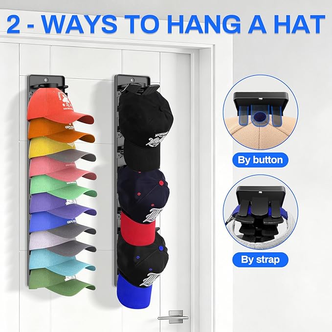 BRIGHTWORLD Hat Rack for Baseball Caps, 2 Pack Hat Rack for Door Hold Up to 20 Hats, Baseball Cap Organizer, Hat Organizer for Closet Door Bedroom (Adhesive or Screw Mount) BLACK