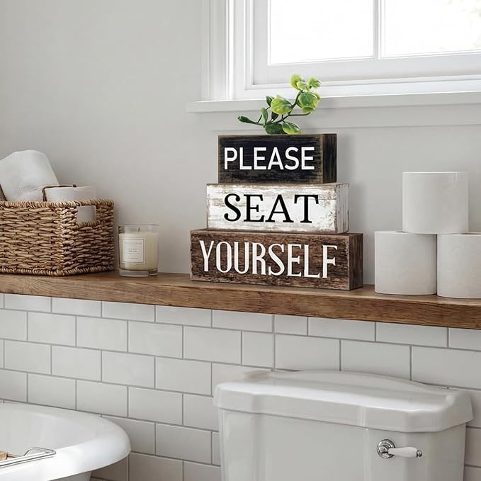 Moucuny 4 Pcs Bathroom Shelf Decor Farmhouse Bathroom Decor and Accessories Please Seat Yourself Sign Rustic Eucalyptus Leaves Wood Block Sign Gift Home Table Centerpiece for Home Office
