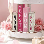 Lineshading 4 Pcs Mothers Day Table Decoration Wooden Book Pink White Tiered Tray Decor Happy Mother's Centerpieces Mom Gifts from Daughter Son for Home Shelf Indoor Party Decoration