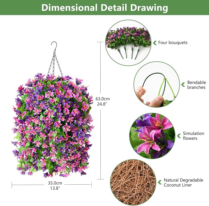 INQCMY Artificial Hanging Flowers Decoration, 4pcs Fake Floral Basket Plants for Outdoor Porch, Faux Shrubs Home Spring Decor UV Resistant Potted Violets for Outside Garden No Fade