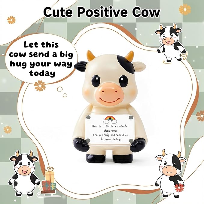 Positive Cow Figurine - 5.1" Tall Hand-Painted Resin Indoor Office Desk Decoration with Cute Motivational Sign, Funny Gift for Women Friends Bestie BFF Bestfriend Coworkers