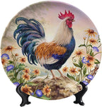 Rooster Decorative Plates, 6inch, Rooster on Stone Round Display Plate, Hanging Decorative Plate with Display Stand, for Kitchen Party Coffee Table Decor Art