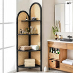 4 Tier Farmhouse Corner Shelf, 70" Tall Pine Wood and Rattan Corner Bookshelf for Small Spaces, Freestanding Display Shelf for Living Room, Bedroom, Bathroom, Kitchen, Black