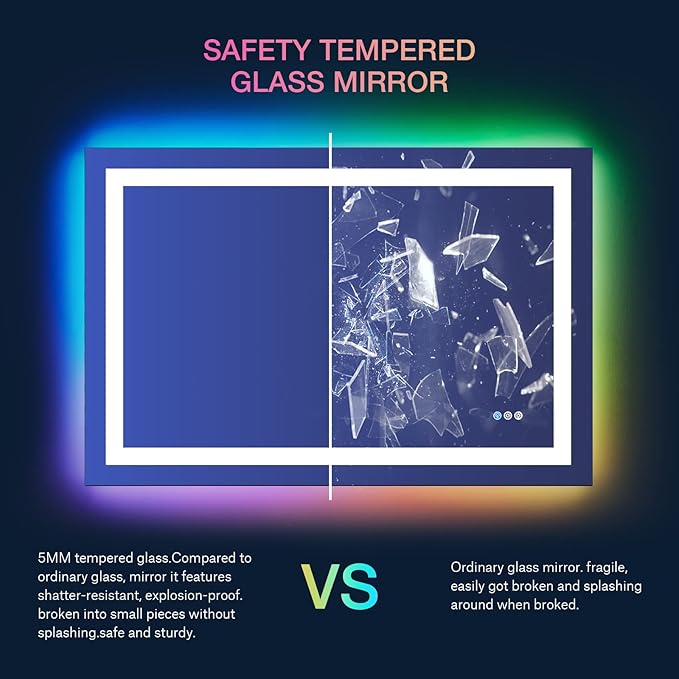 LOAAO 40"X24" LED Bathroom Mirror with Lights, Anti-Fog, Dimmable, RGB Backlit + Front Lighted, Bathroom Vanity Mirror for Wall, Memory Function, Tempered Glass (Safe to Use)