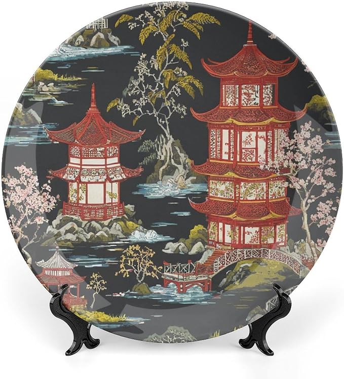 Chinoiserie Charcoal Coral Pagoda Asian Plates Ceramic, Personalized Handmade Decorative Plate for Kitchen Display Housewarming Gifts Decor, with 1 Display Stand Art Decorations for Household Table