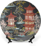 Chinoiserie Charcoal Coral Pagoda Asian Plates Ceramic, Personalized Handmade Decorative Plate for Kitchen Display Housewarming Gifts Decor, with 1 Display Stand Art Decorations for Household Table
