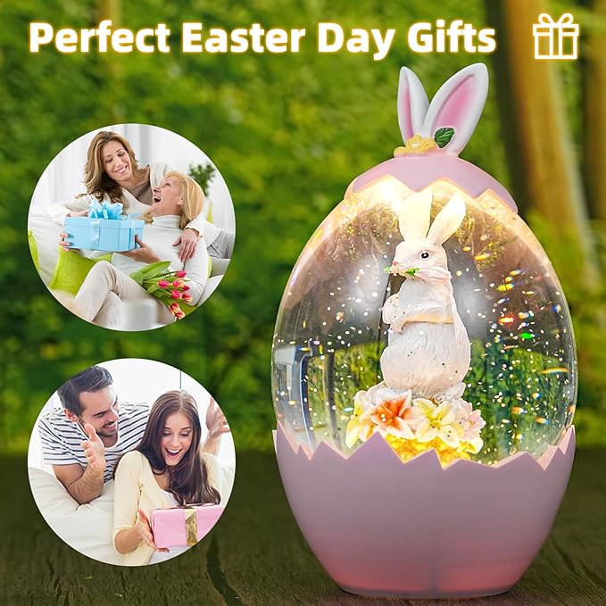 Easter Snow Globe Lantern with 6H Timer, Lighted Swirling Glitter Bunny and Eggs Decor, USB/Battery Operated Easter Decorations for Home, Spring Holiday Centerpiece or Gift